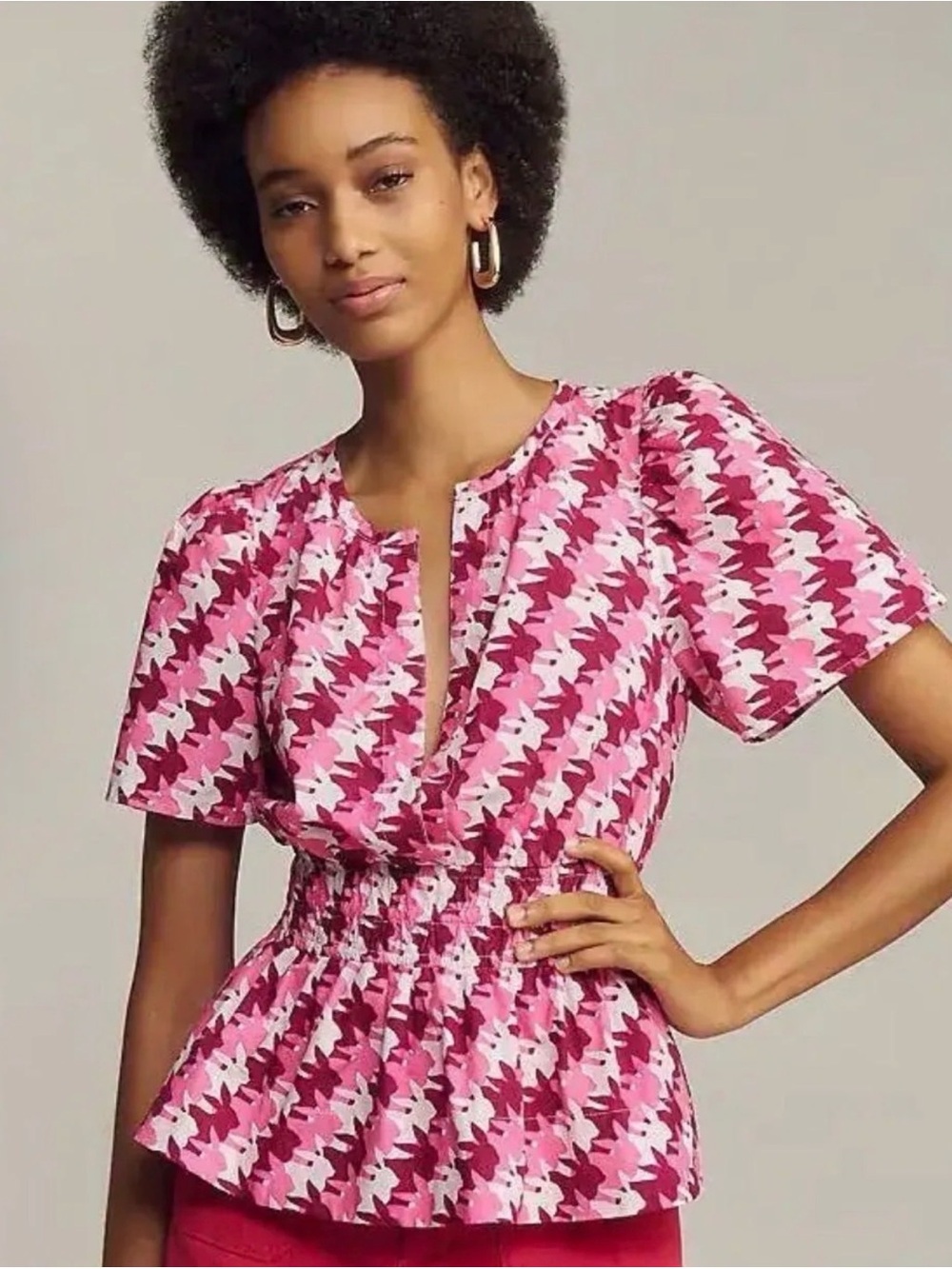 Women’s Pink 100% Cotton PinkPrint Houndstooth Smocked Anthropologie Peplum Top